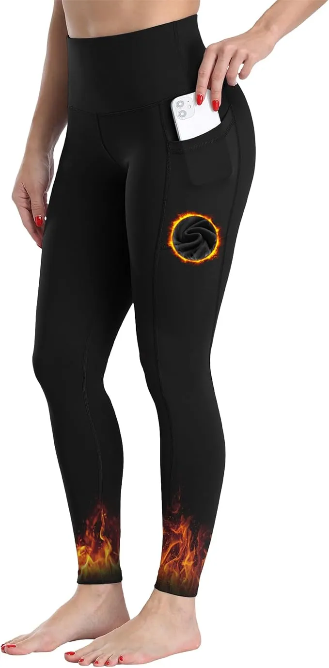 CHRLEISURE women’s high-waisted thermal leggings with side pockets, fleece lining, and warm stretch for cold weather wear.