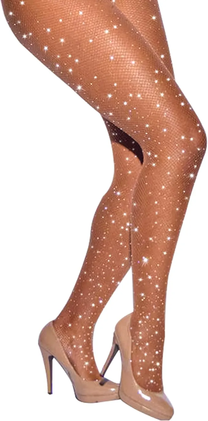 Сhrleisure black rhinestone fishnet stockings with sparkling details, stretchy fit, and glamorous style for evening outfits.